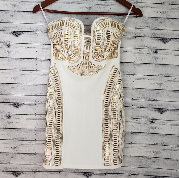 🆕️Agaci Cream And Gold Strapless Bodycon Dress Sm - Picture 5 of 7